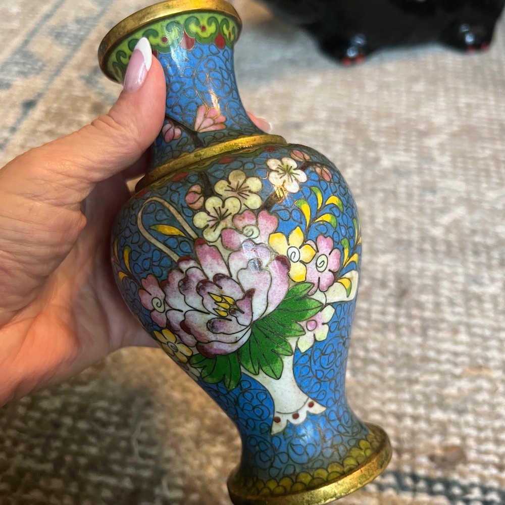 Vintage Chinese Cloisonne Enamel Bud Vase Blue Floral Brass 5 Inch Mini Vase